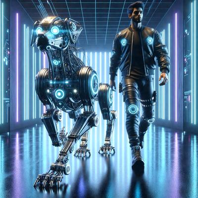 The primary subject of the image is a man walking with a robot dog. The man is wearing a black jacket and appears to be the main focus of the scene. The robot dog is following the man closely, creating a sense of companionship between the two. The setting is a futuristic environment, possibly a cityscape, with a backdrop of neon lights. The visual style of the image is a combination of photo and digital art, giving it a unique and intriguing appearance. The colors and mood of the